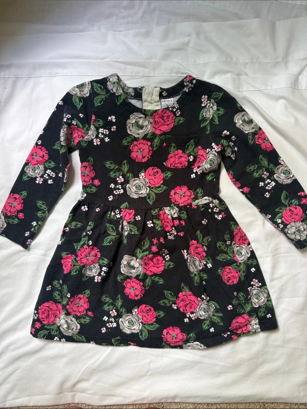 Carter's Black Long-Sleeve Floral Knit Dress with Pink & Cream Flowers 3t